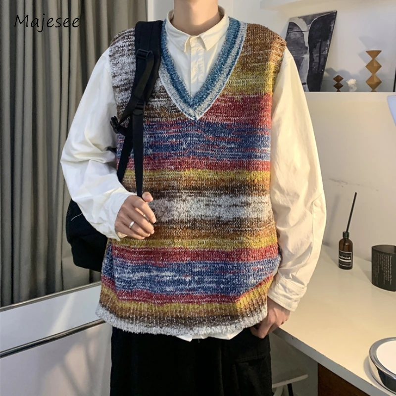 

Sweater Vest Men Contrast Color Slouchy Autumn All-match American Style Stylish Hipster Couple Knitwear High Street College New