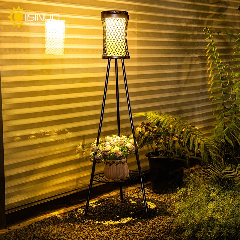 Solar Floor Lights Outdoor with Plant Stands Waterproof Street Lamps Metal Tripod Deck Landscape Lighting for Patio Porch Garden