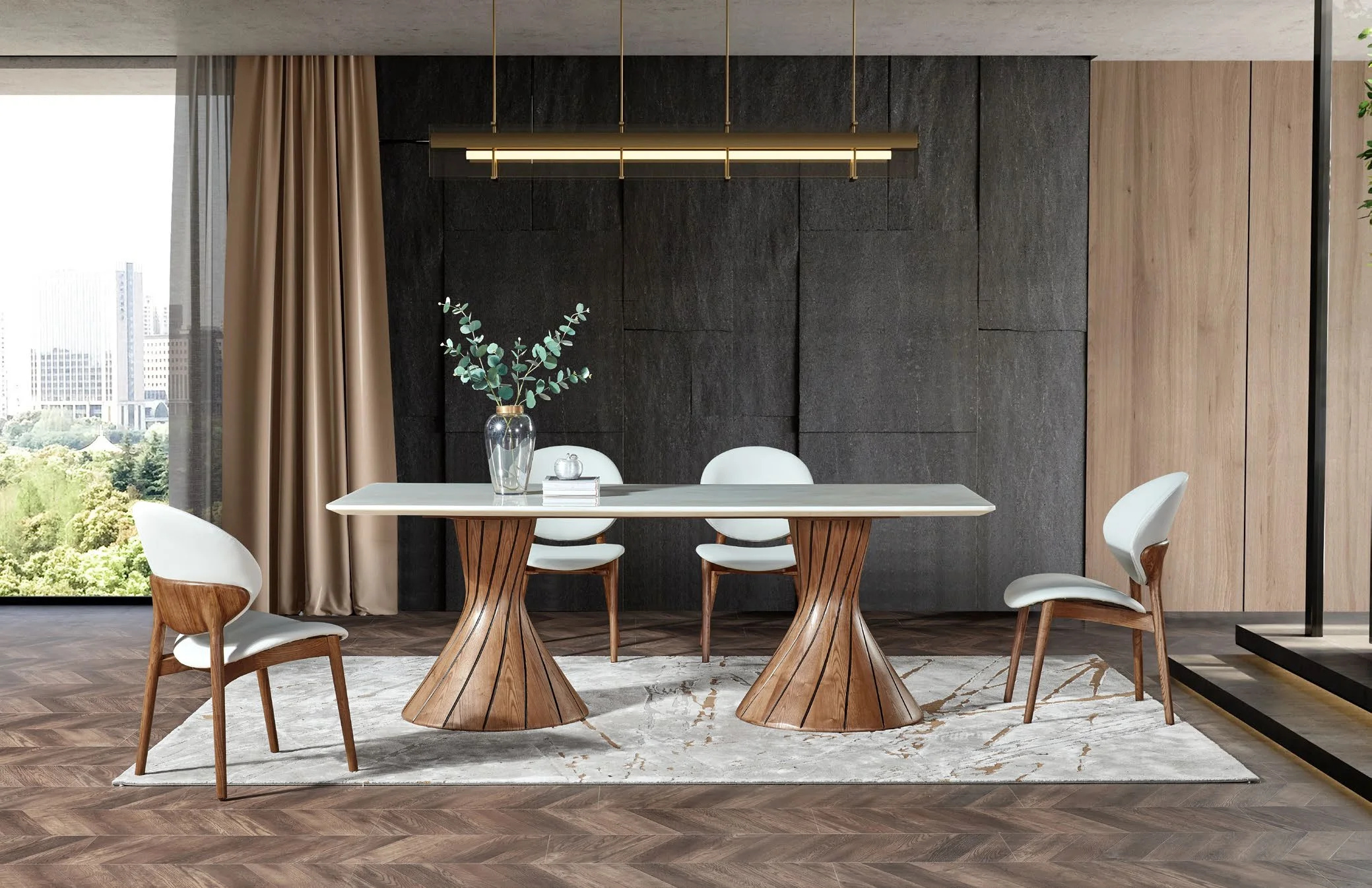 Light Luxury Modern Stone Table for Kitchen Dining Room Dining Table Arm Chairs Genuine Leather Solid Wood Base