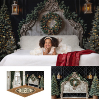Christmas Cottage Headboard Room Backdrops Dark Green Curtains Classic Wall Props Winter Windows Wreath Xmas Trees Backgrounds