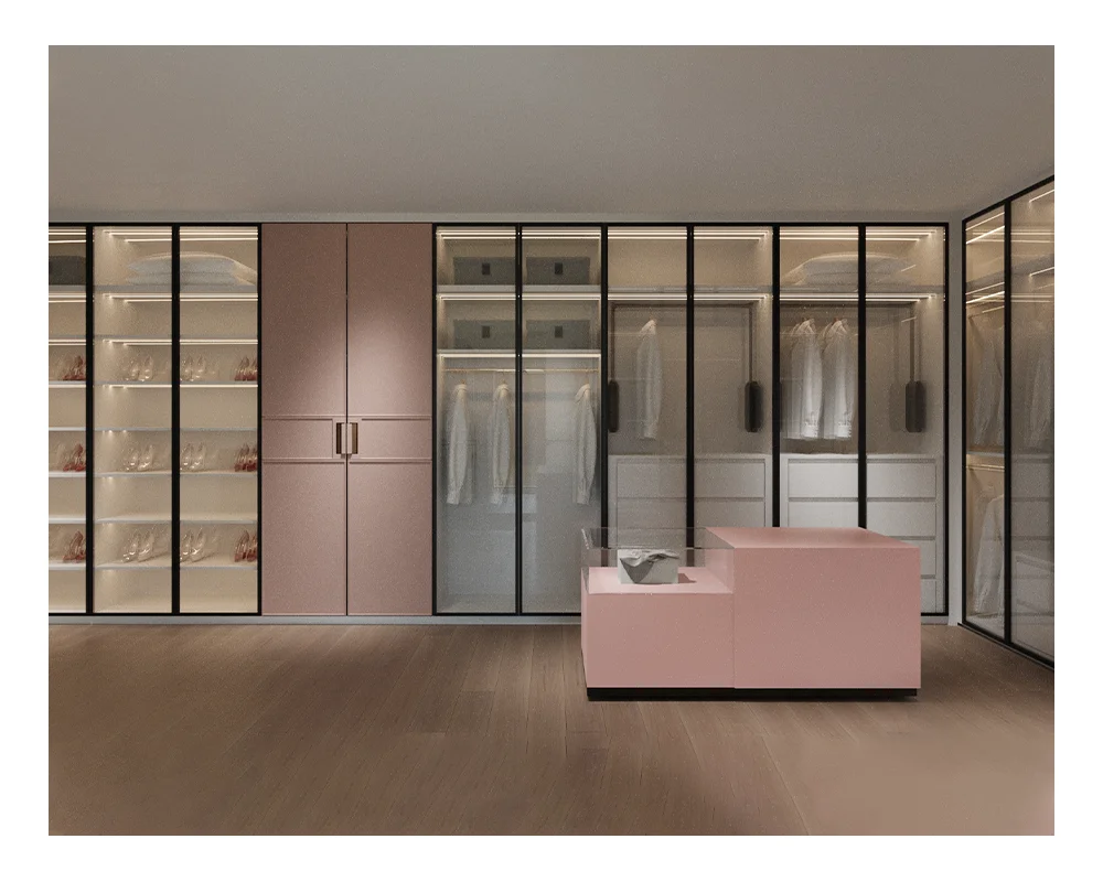 Custom Modern Minimalist Walk in Closet Central Island Glass Door Wardrobe System LED Light Master Bedroom Hotel Villa Project
