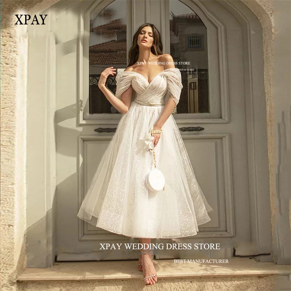 XPAY 2023 Glitter Dotted Tulle Wedding Dresses For Woman Off the Shoulder Sleeves Belt Tea Length Civil Bridal Gowns Lace Up