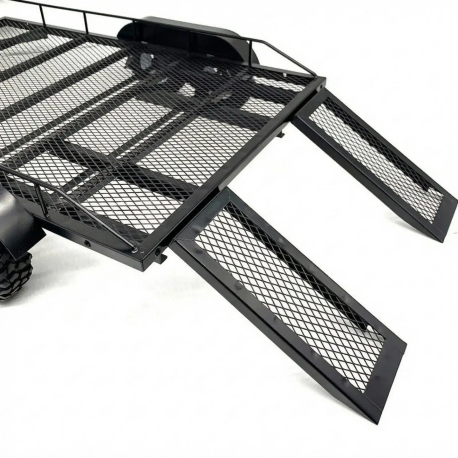 RC Crawler Flatbed Trailer with Mesh Deck Raised Perimeter Rails Metal RC Crawler Transport Trailer Long-Lasting High Strength