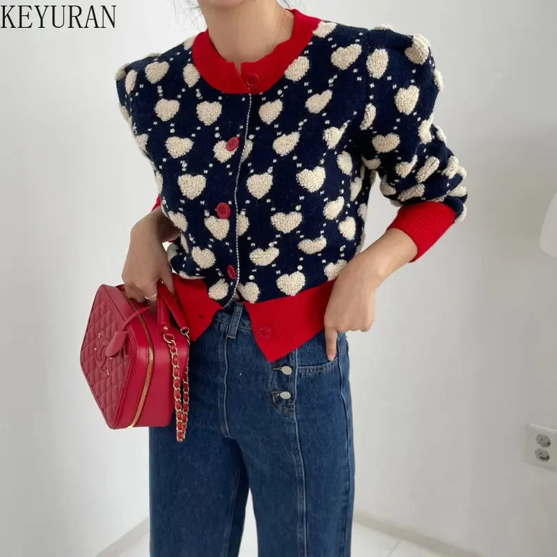 Color Contrast Love Jacquard Knitted Cardigan Women New 2024 Autumn Winter Korean Sweet Slim Puff Sleeve Single Breasted Sweater