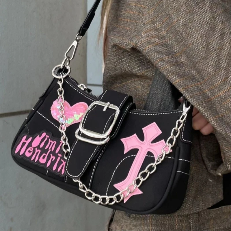 Y2k-Bolso de hombro pequeño para mujer, bandolera con cadena de mariposa, con letras de amor, a la moda