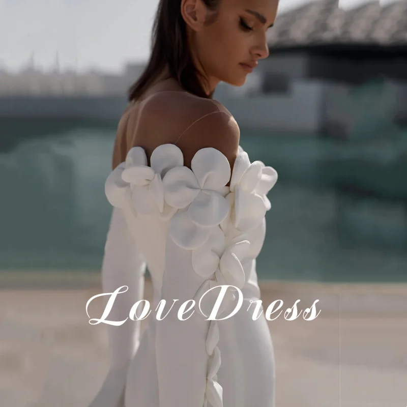 Amour élégant épaules dénudées blanc Meimaid plis fleurs robe de mariée Simple manches longues longueur de plancher Sexy dos nu personnalisé