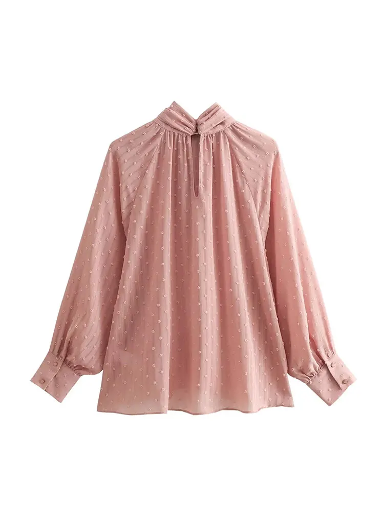 TRAF 2024 Spring Woman\'s Loose Blouse Solid Color O-Neck Long Sleeve Bow Decoration Hollow Out Female Fashion Casual Shirts