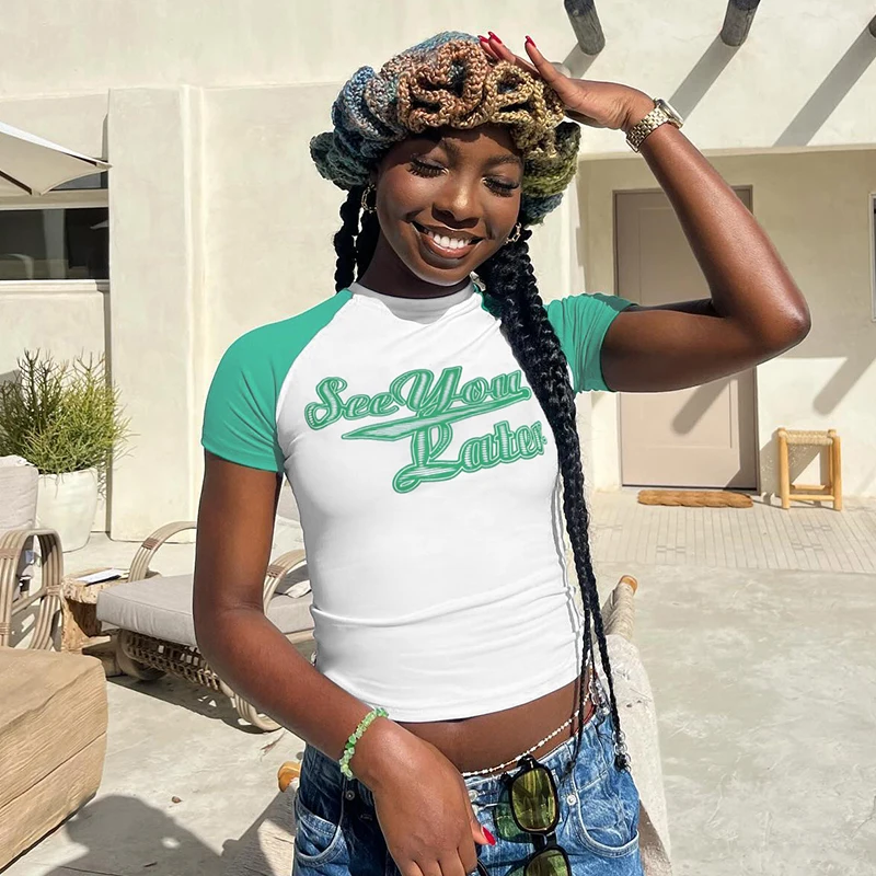 BIIKPIIK Contrast-color Letter Print T-shirts Streetwear Fashion Women Short Sleeve Crop Top Sporty Casual All-match Tees Summer