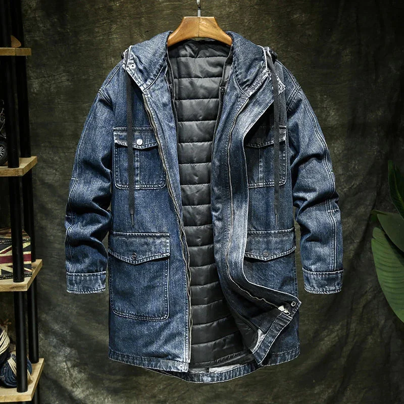 

Winter Plush Thickened Denim Coat Men's Slim Hooded Jacket Detachable Middle And Long Tops Cotton Padded Clothing Outdoor Cargo