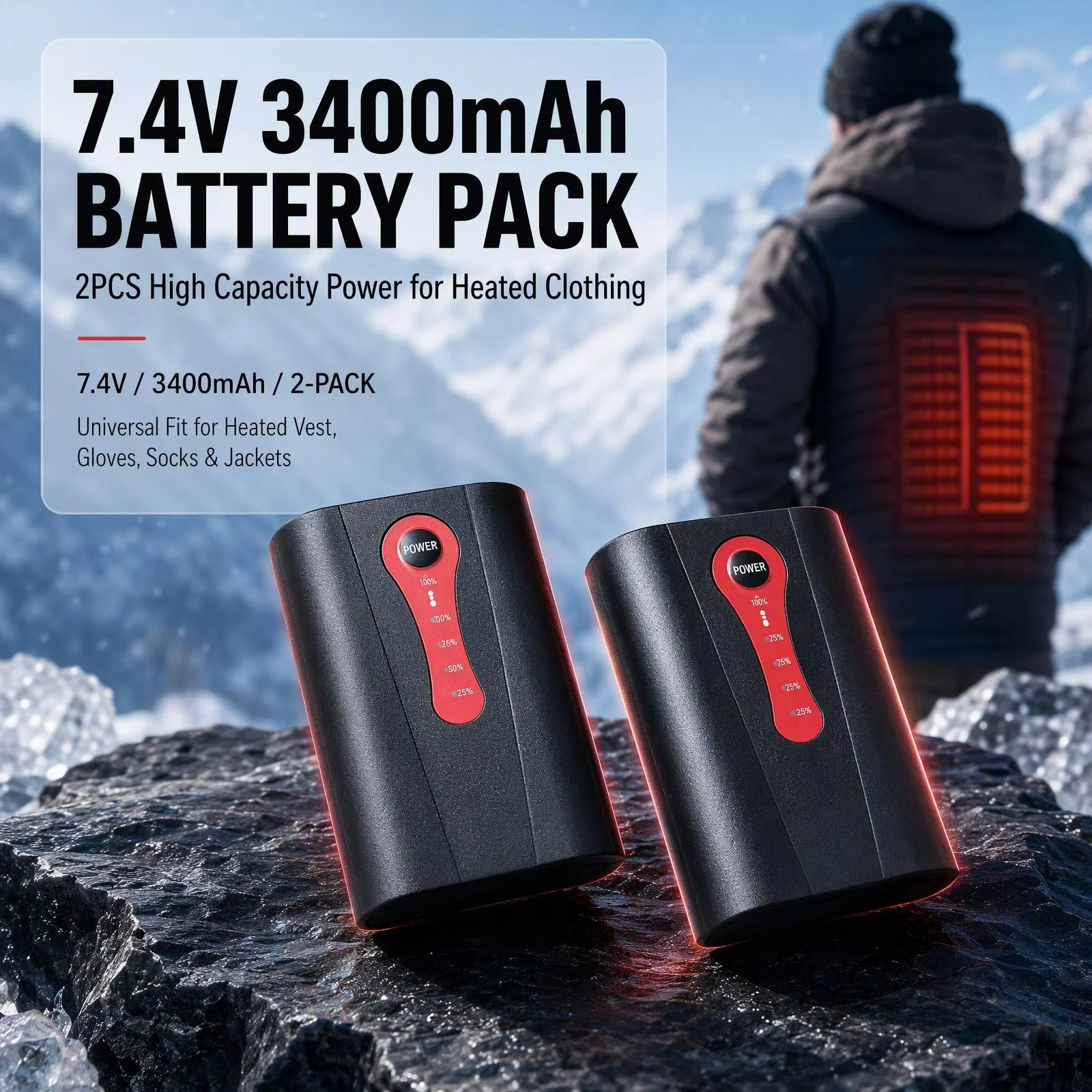 2PCS 7.4V 3400mAh Lithium Battery with US EU Charger for Heated Vest Gloves Socks Heating Belt Electric Heated Clothing