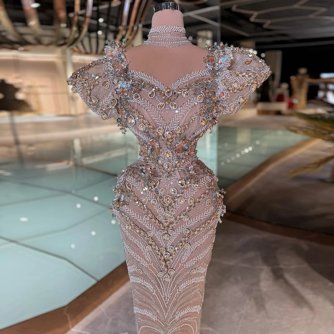 Luxurious Crystal Evening Gown With Short Sleeves Small Beaded Mermaid Skirt Sheer Chiffon Bodycon Long Skirt Banquet Dress