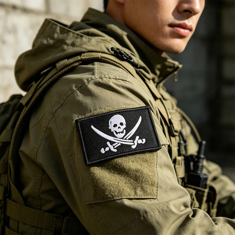 Jolly Roger Pirate Skull Embroidered Patch 8x4.8cm Hook and Loop Morale Patch for Tactical Vest Backpack DIY Jacket Decorations