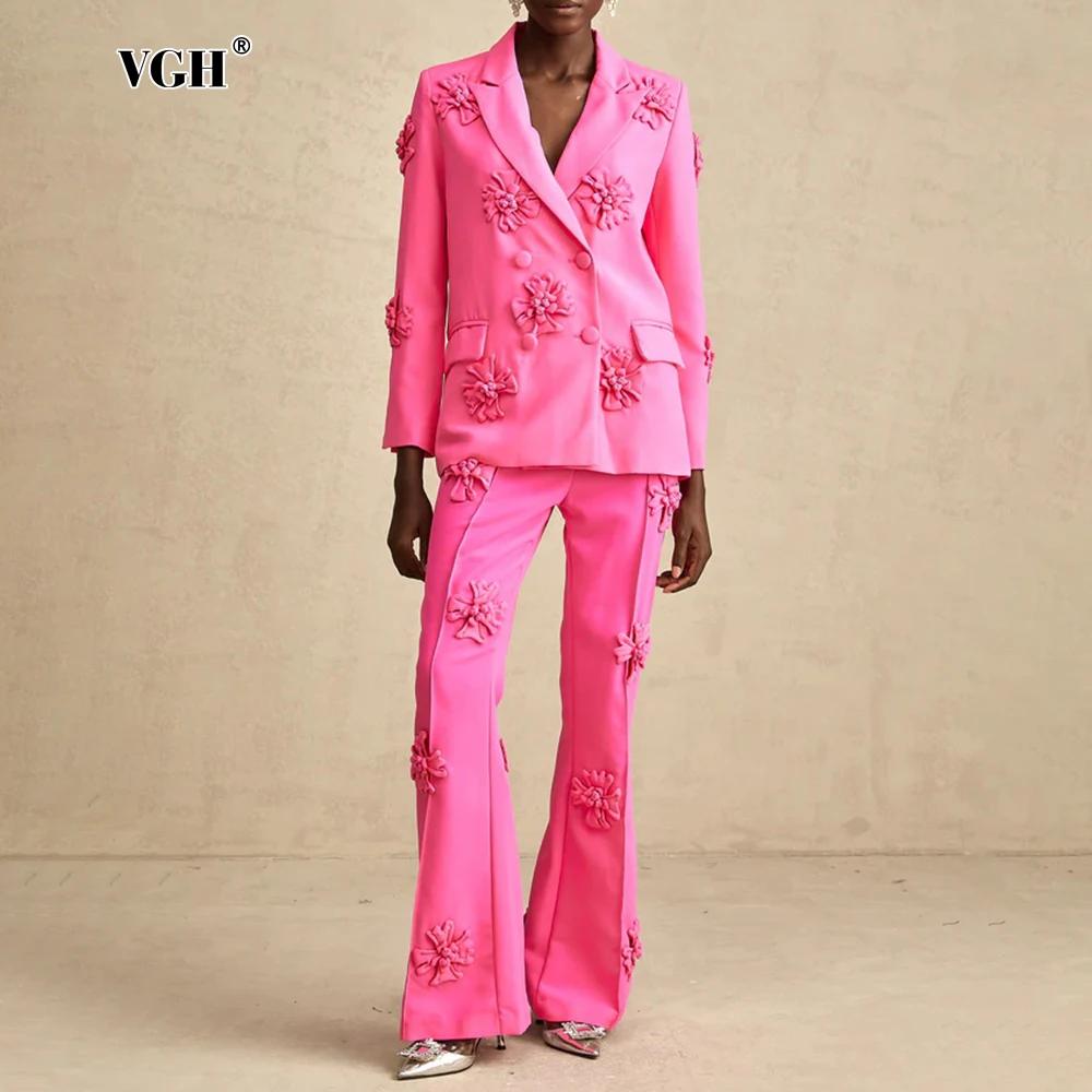 VGH Patchwork Appliques Two Piece Set for Women Notched Collar Long Sleeve Blazer High Waist Flare Pant Desinger Suit Female New