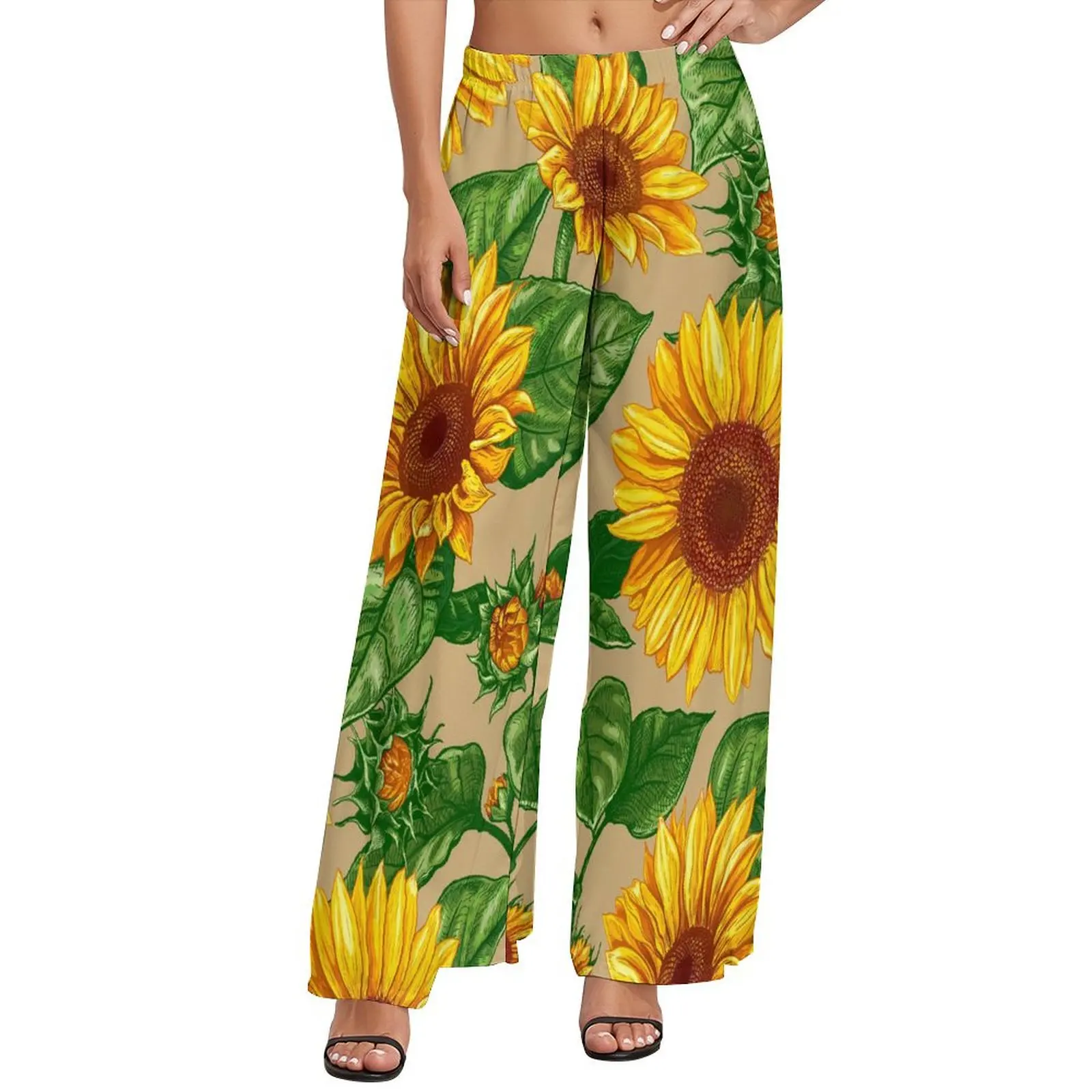 

Sunflower Print Pants Yellow Flowers Beach Straight Wide Leg Pants Elastic High Waist Casual Trousers Big Size 5XL 6XL