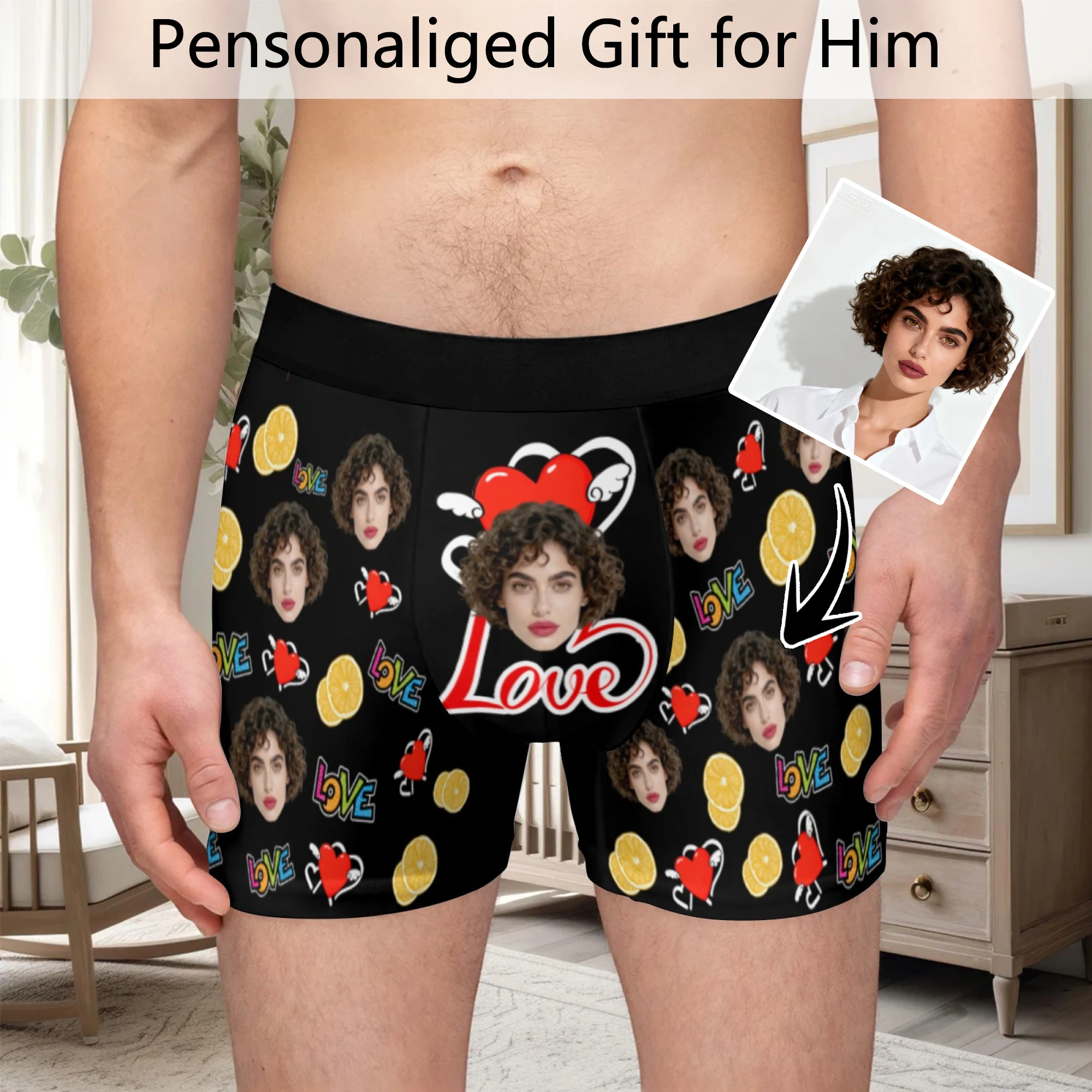 

Мужское длинное нижнее белье с индивидуальными фотографиями на лице, подарок на День святого Валентина, нижнее белье, дышащее и удобное