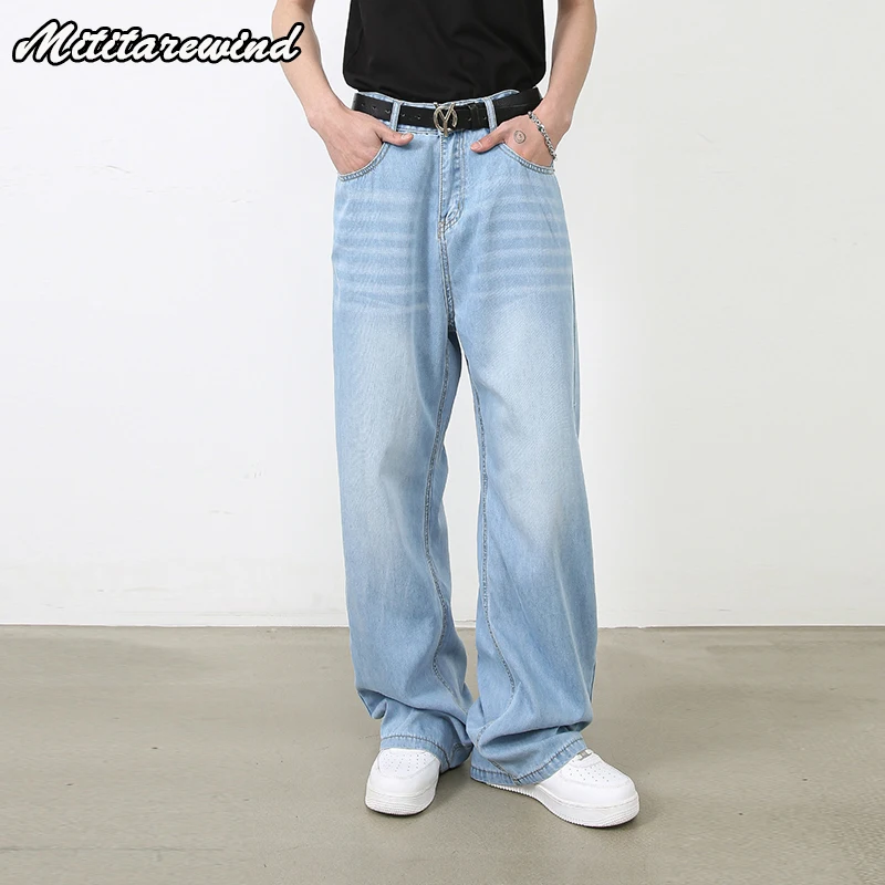 

Spring Summer Thin Jeans Men Casual Streetwear Mid-waist Straight Denim Trousers Men Baggy Blue Jeans Drape Wide Leg Pants Men