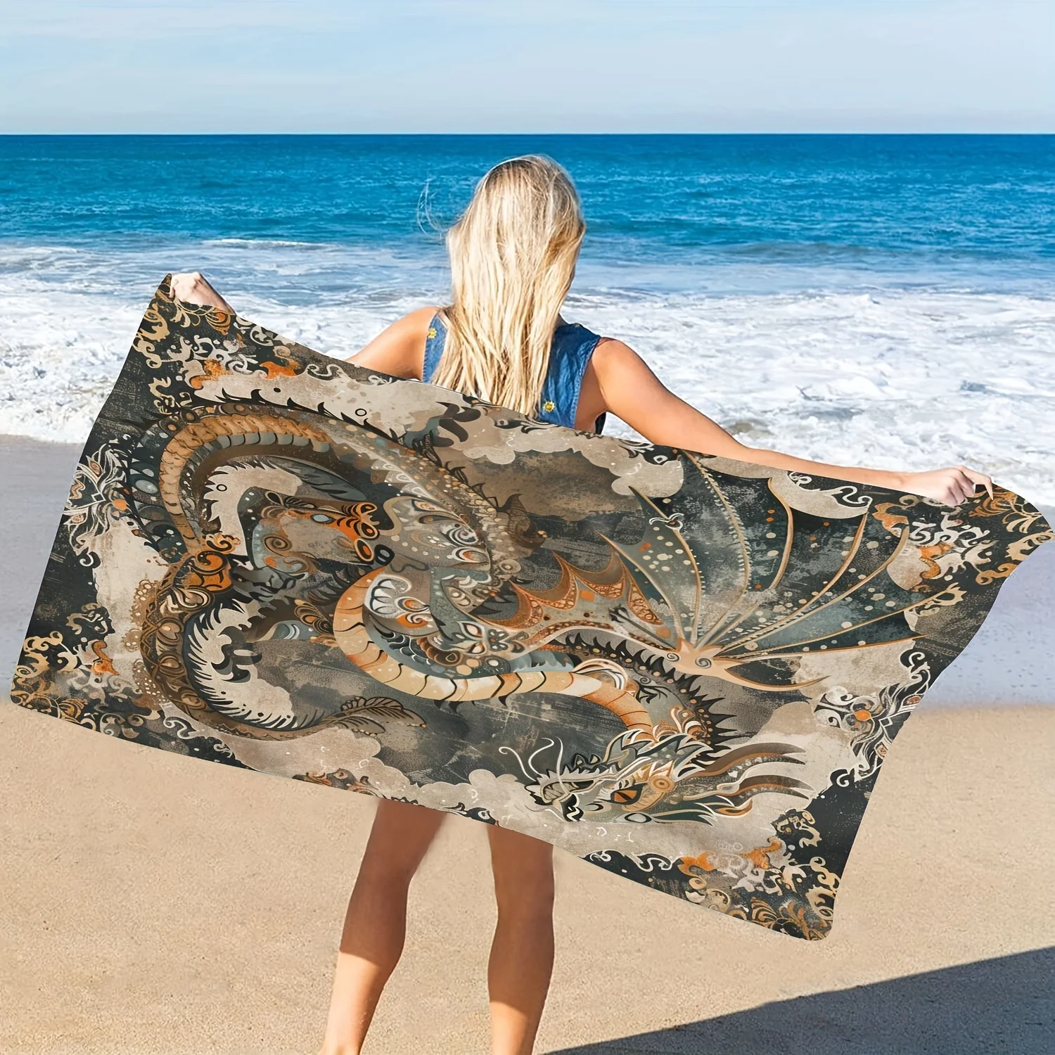 Dragon Pattern Seaside Summer Microfiber Beach Towel Bath Towel Multipurpose Beach Towel For Yoga Swimming Pool