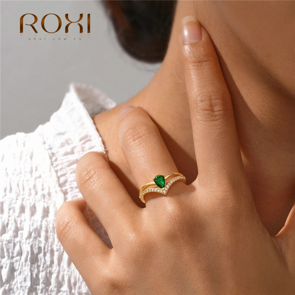 ROXI 925 Sterling Silver Adjustable Green Water Drop Crystal Finger Rings For Women Girls Wedding Party Fine Jewelry bague femme