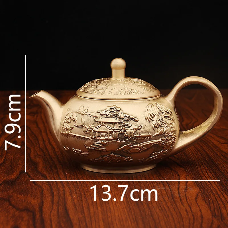 Brass Teapot Creative Relief Landscape Painting Tea Set Home Office Reception Coffee Table Decoration Desktop Ornament
