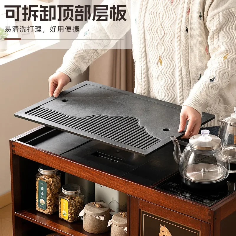 for Multifunctional Tea Cabinet Movable Solid Wood Tea Table Complete Set for Living Room Tea Making and Drinking Mobile Side