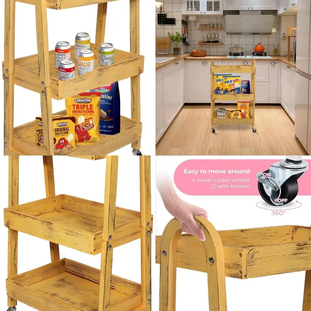 

Retro Yellow 3-Tier Wooden Rolling Cart with Wheels - Utility Storage Trolley for Kitchen, Office, and Kids' Room