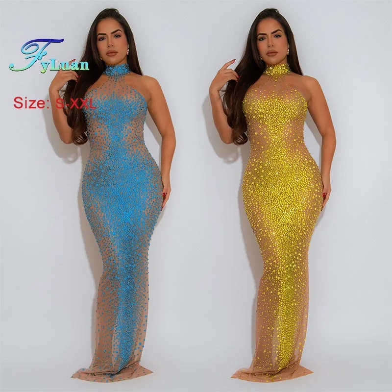 مثير المرأة فستان طويل بقماش شفاف الساخن الماس التخسيس فستان طويل موضة الشق الخلفي فستان بلا أكمام ملهى ليلي ملابس حفلات للسيدات