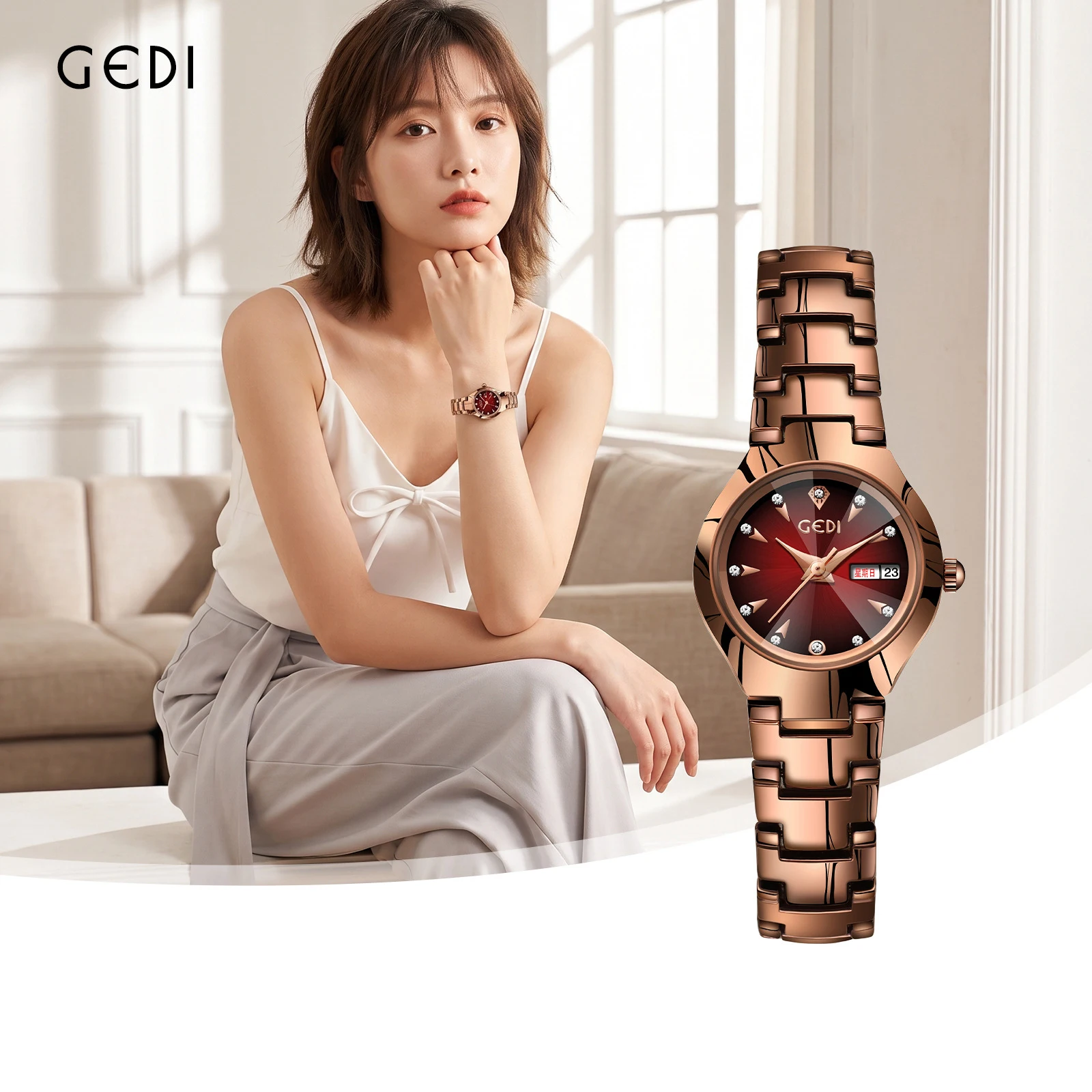 Brand Luxury Business Exquisite Women Watches Gift Double Window Calendar Steel Belt Waterproof Temperament Quartz Wristwatches