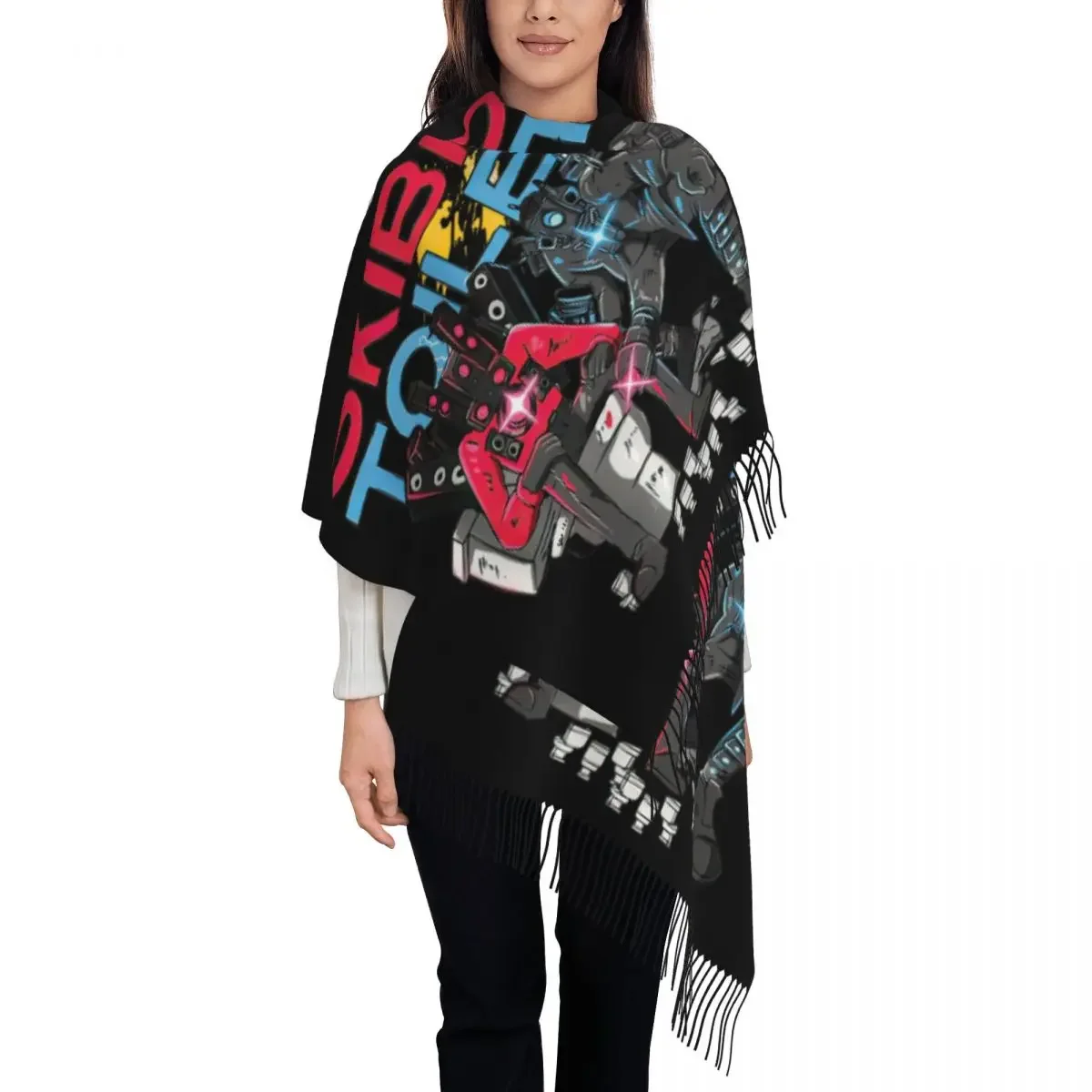 Custom Lady Long Hot Game Titan Speakerman Skibidi Toilet Scarves Women Winter Fall Soft Warm Tassel Shawl Wrap Scarf