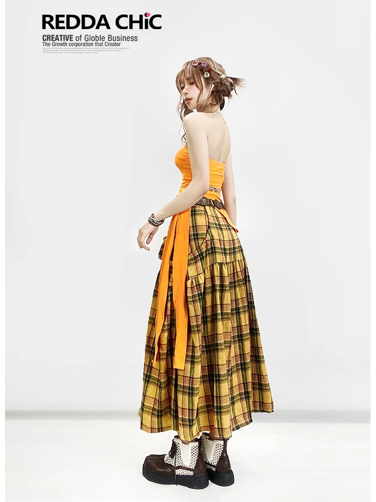 Américain rétro rue doux Cool Y2k Plaid épissage jupes à lacets nœud grande poche taille haute a-ligne longue jupe femmes été 2025