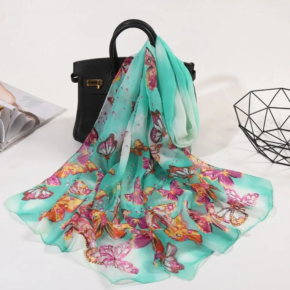 Fashion 160*50cm Chiffon Scarf Print Gradient Shawl Silk Washable Sunscreen Long Wrap Shawl for Women