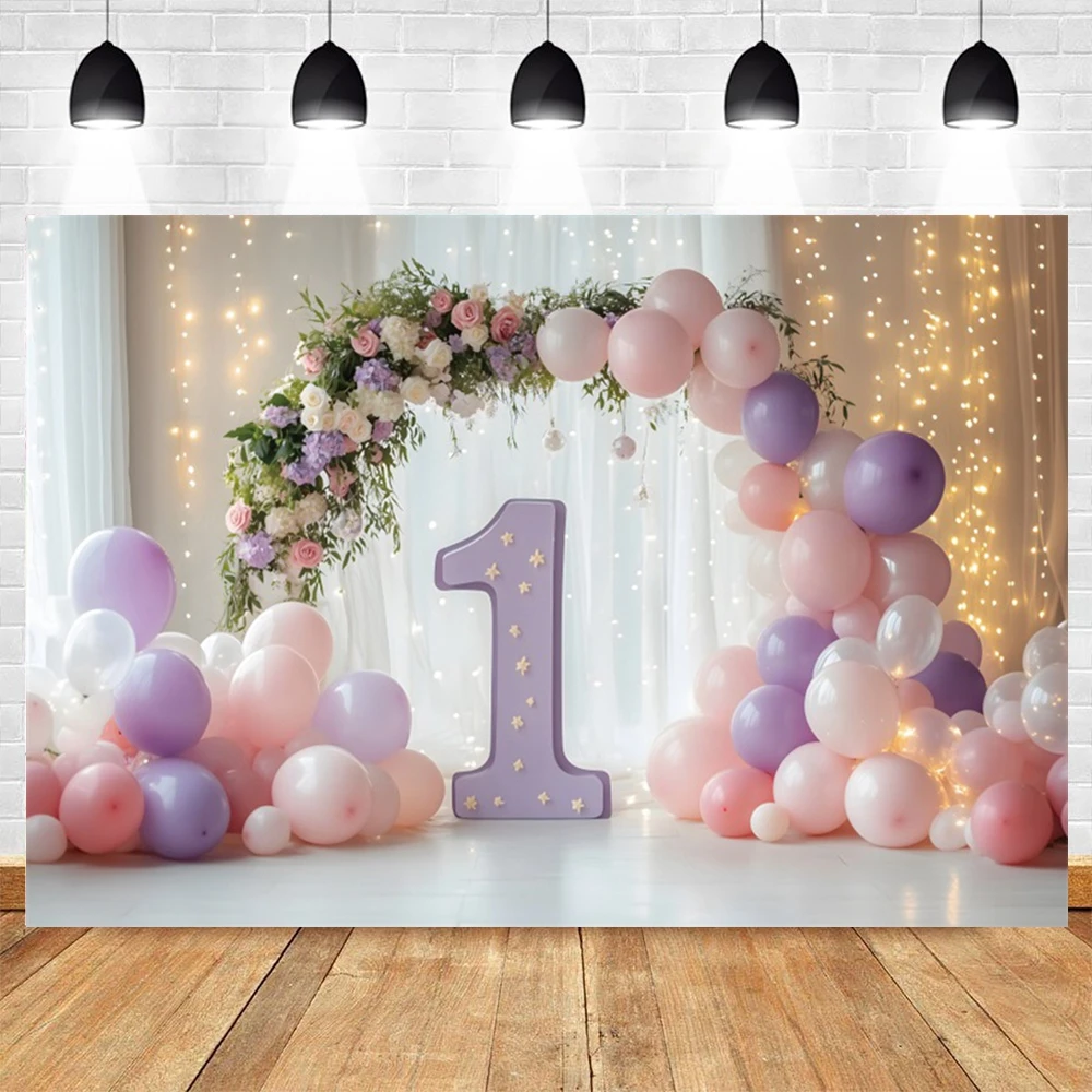 1st Birthday Photography Backdrop for Baby Girl Pink Gold Princess Theme Party Decoration Balloons Floral Photo Booth Background