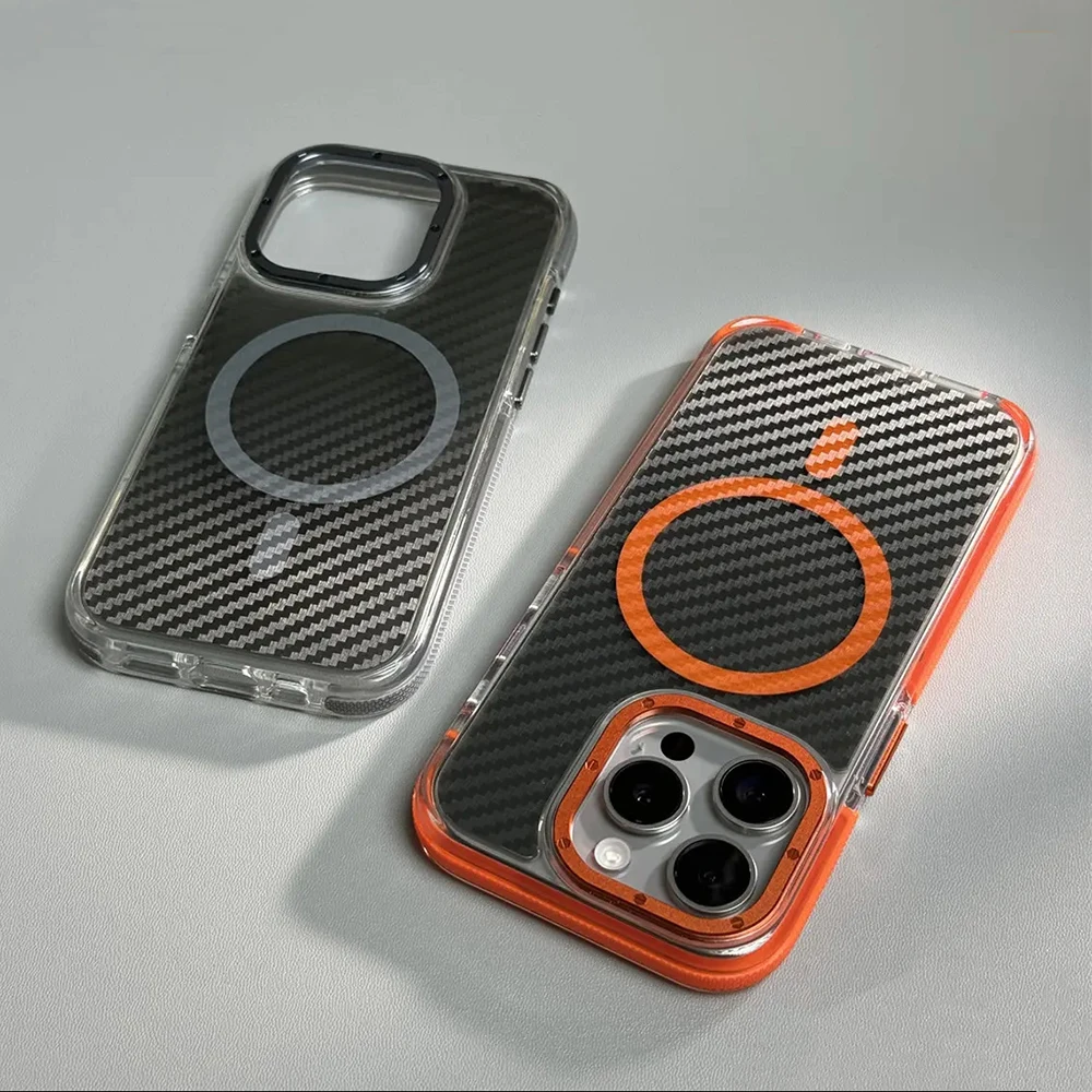 สําหรับMagsafeคาร์บอนไฟเบอร์เคสโทรศัพท์สําหรับIPhone 13 14 15 16 Pro Max Plus Matteโปร่งแสงแม่เหล็กกันกระแทกปกแข็ง