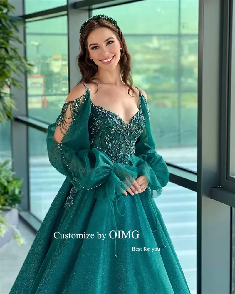 OIMG Sparkly Emerald Green Tulle Evening Dresses Spaghetti Straps Puff Long Sleeves Applique Beads Arabic Formal Prom Gowns