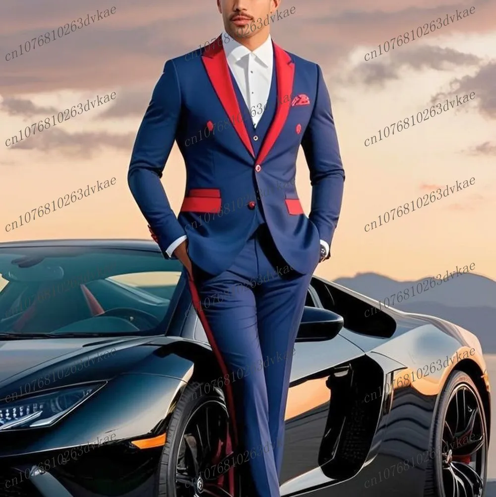 

New Blue And Red Formal Business Men Suit Groom Groomsman Wedding Party Prom Male Tuxedos 3 Piece Set Blazer Vest Pants
