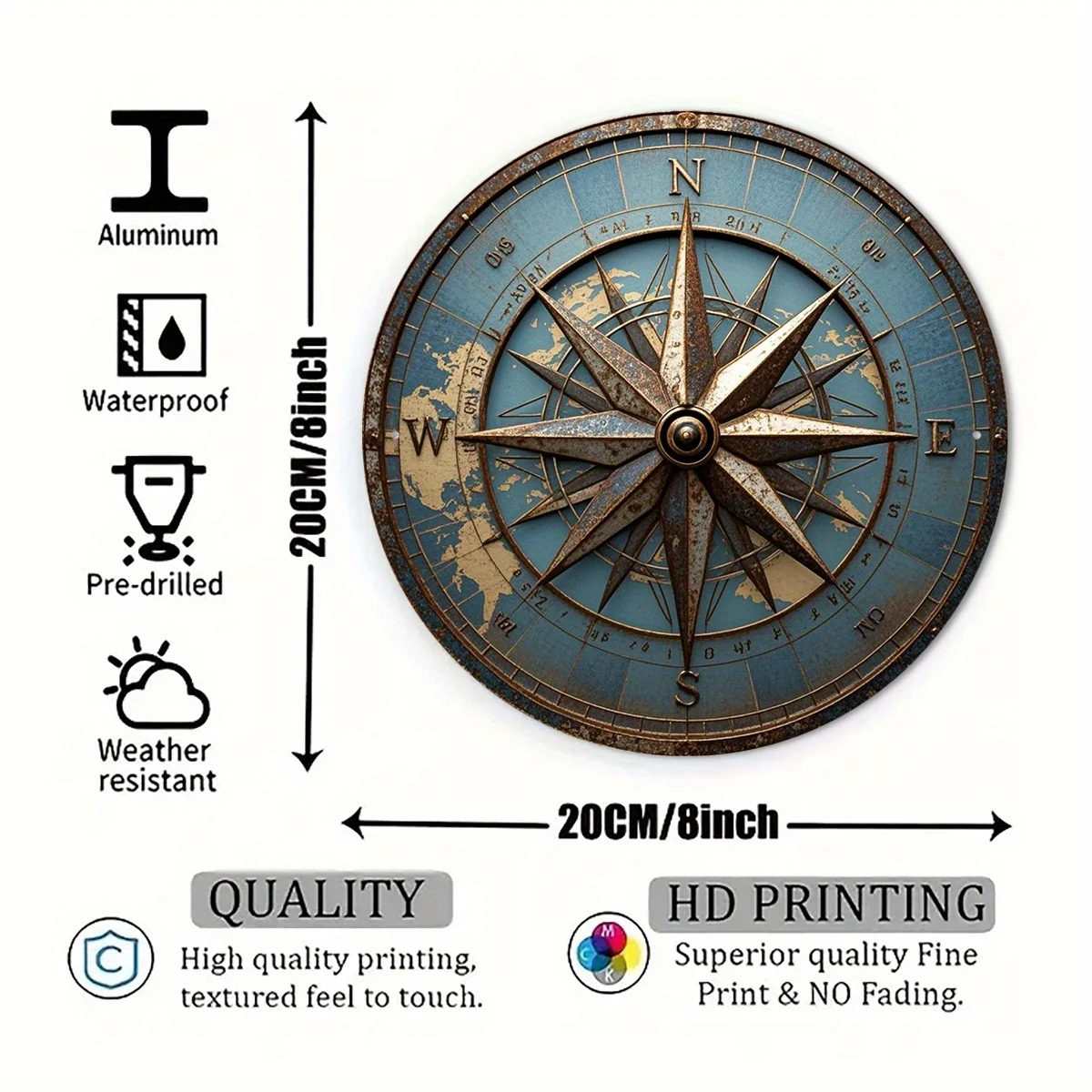 2D Flat, 1pc Vintage Compass Wall Art - Antique  Device Metal Sign, Round 20.32cm/8in Aluminum Rustic Nautical