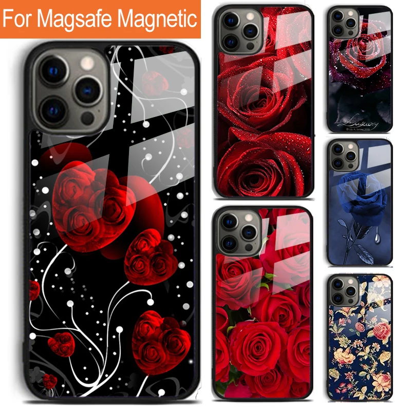 

Элегантный винтажный цветочный розовый чехол для телефона iPhone 16 15 14 13 12 11 Pro Max Plus Magsafe, Магнитный чехол с беспроводной зарядкой