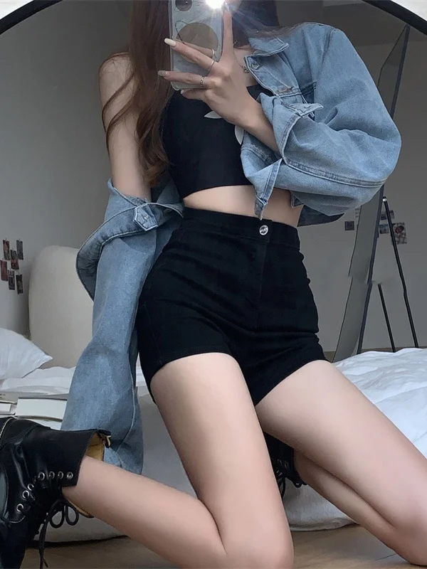Black High Waist A-Line Shorts Women's Tight Fitting  Shorts Butt Covering Straight Leg Jeans Summer Hot Girl Casual Style