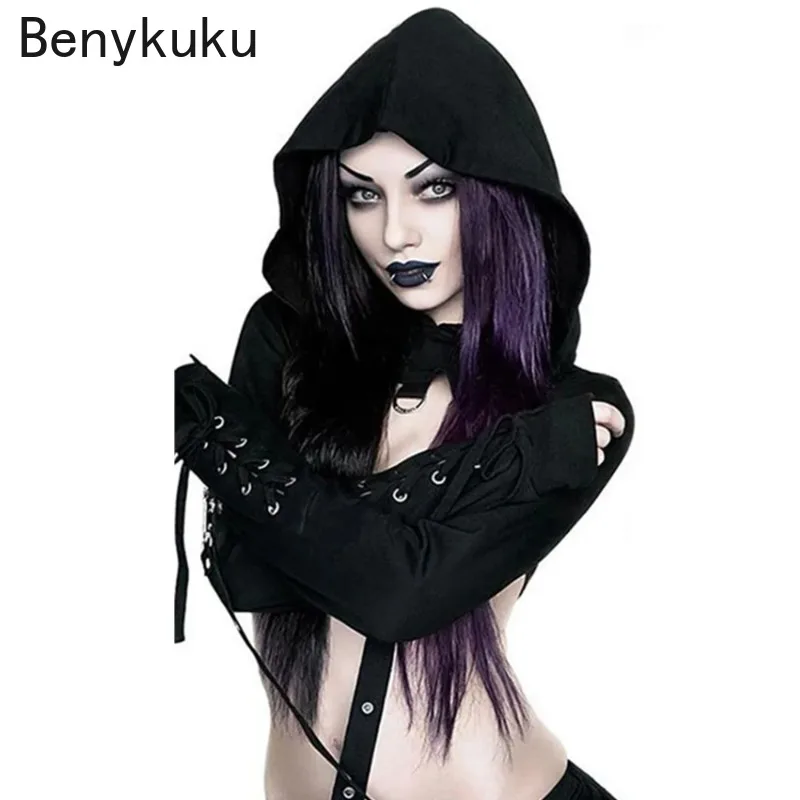 Y2K Gothic Hoodies Hooded Long Sleeve Eyelet Suspenders Solid Black Crop Sweatshirt For Woman Streetwear Punk Hoodies 2024