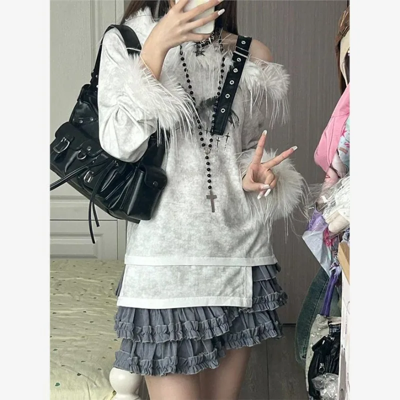 Japanese Yabi Culture Punk Style Fur Belt Y2k One-word Collar Print Long-sleeved T-shirt Women's Unique Design Autumn Winter Top