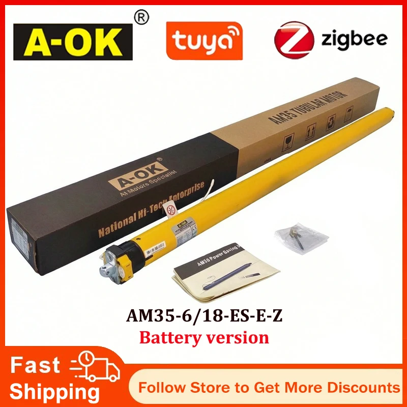 A-ok Tubular Motor AM35-6/18-ES-E-Z Tuya Zigbee Roller Shutter Li Battery Motor, Work with Alexa Google Home