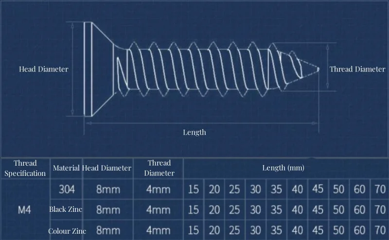 M4 304 Stianless Steel Carbon Steel Fast Toothed Wood Screw Countersunk Head Tapping Screw Cross Tapping Fiber Screws