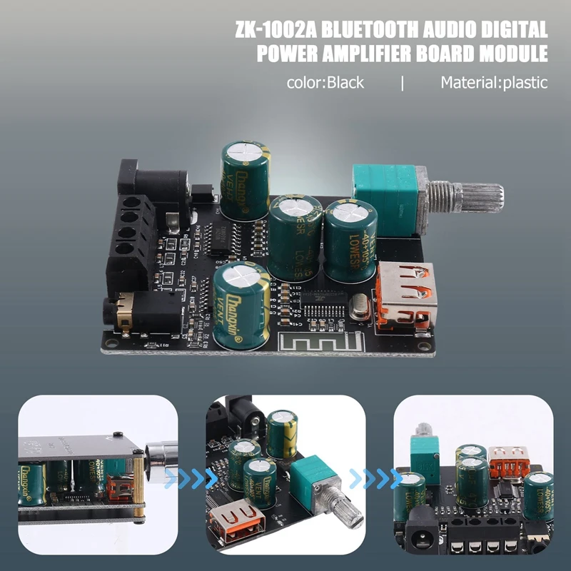 Carte d'amplificateur Bluetooth ZK-1002A Réglage des aigus et des basses Subwoofer 2 canaux Haute puissance Audio Stéréo Bass Médailles