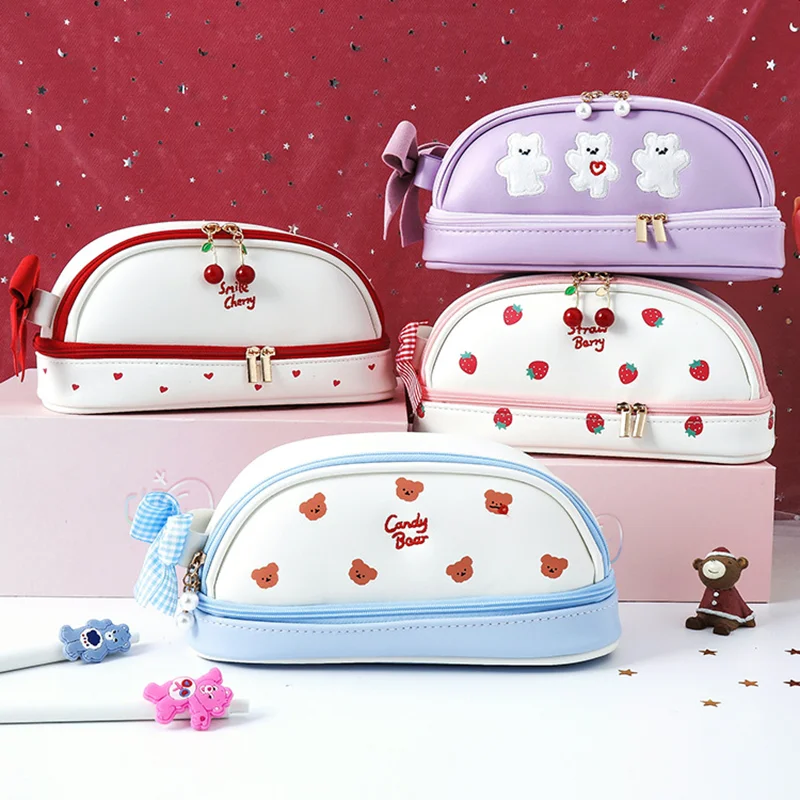 Cute Heart Strawberry Pencil Case Large Capacity Kawaii Pencil Bag Stationery Items School Supplies Pen Holder for Kids Gifts