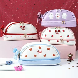 Cute Heart Strawberry Pencil Case Large Capacity Kawaii Pencil Bag Stationery Items School Supplies Pen Holder for Kids Gifts