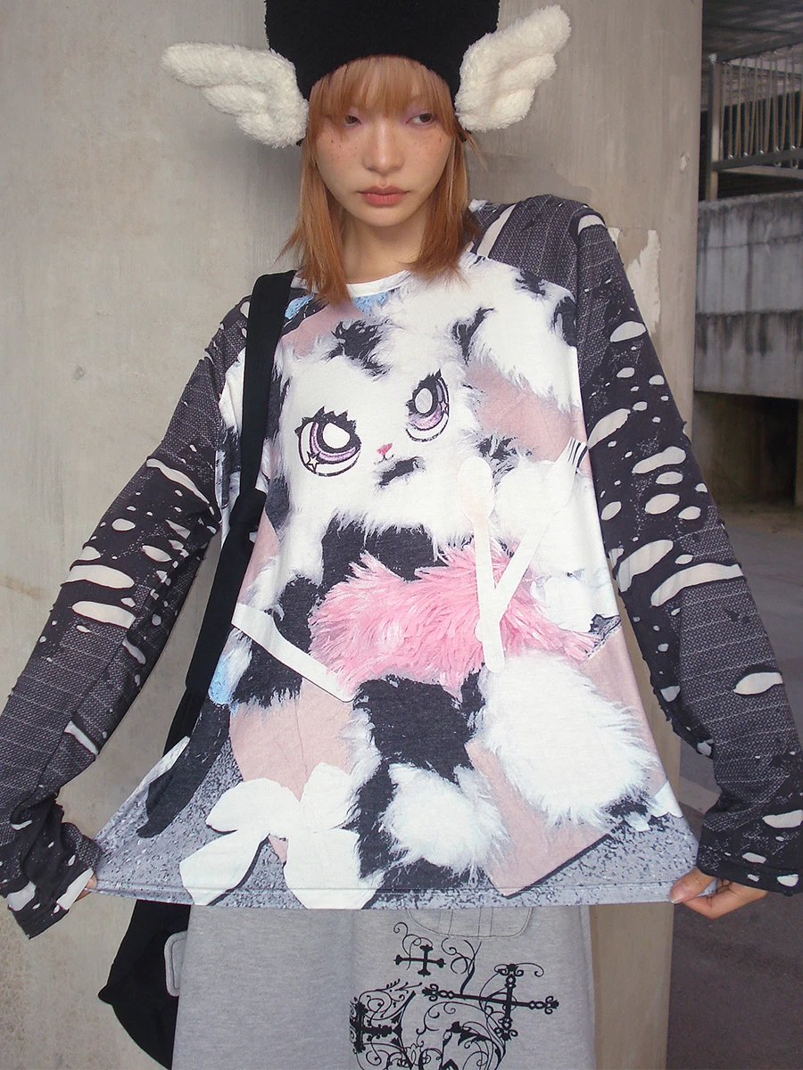 

CFIERCE Abandoned Rabbit Print oulder Insert Sve Top Women's Faion Spring Long Sve Polyester Cotton Spandex Blend