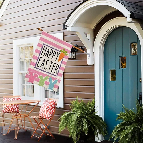Happy Easter Bunny House Flag Double Sided Vertical Burlap 28X40 Inch Rabbit Out 7445007898862 AAV hhz