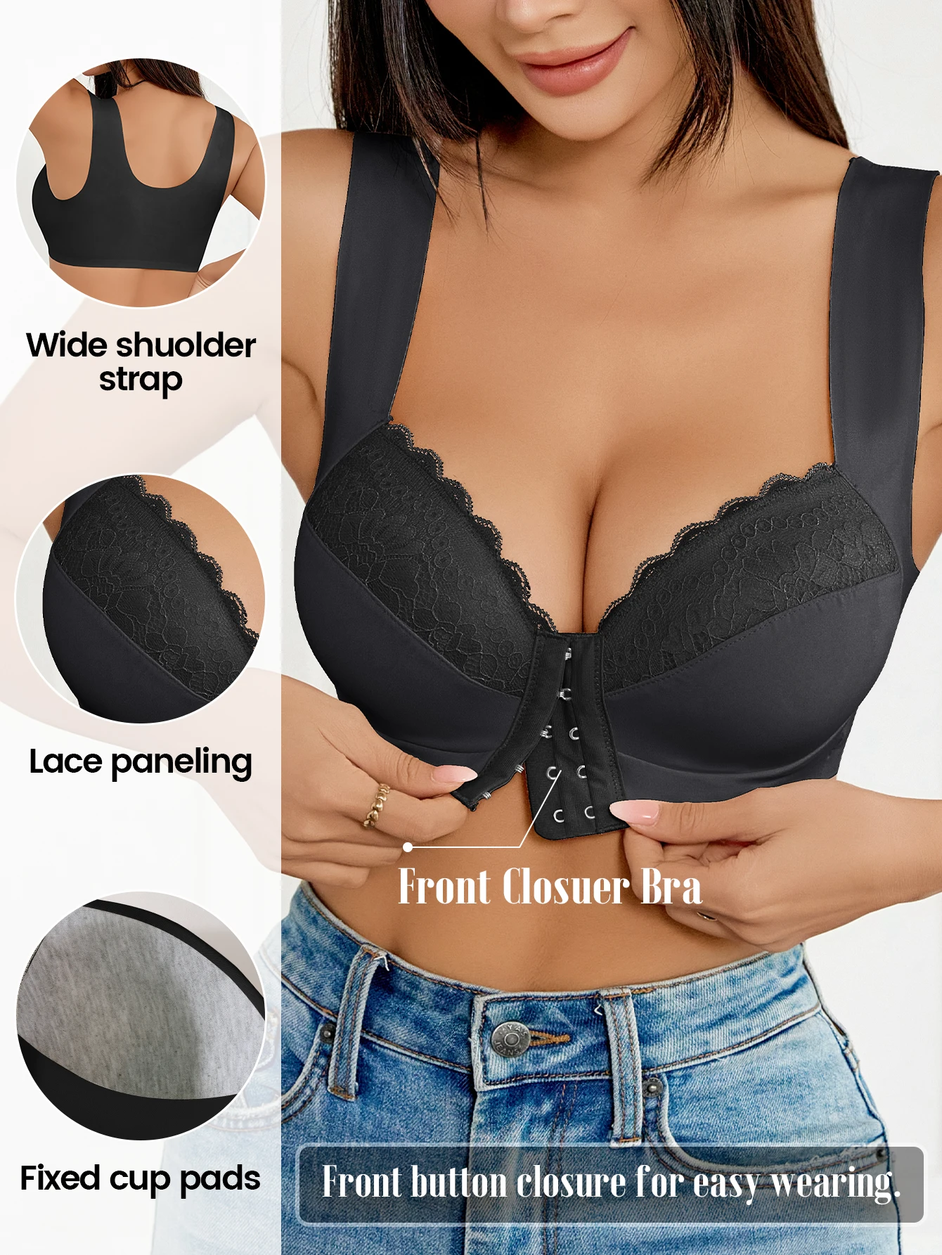 Soutien-gorge quotidien sans fil à fermeture avant pour femme, avec bonnets rembourrés fixes, design en dentelle, bretelles larges et dos lissant sans coutures