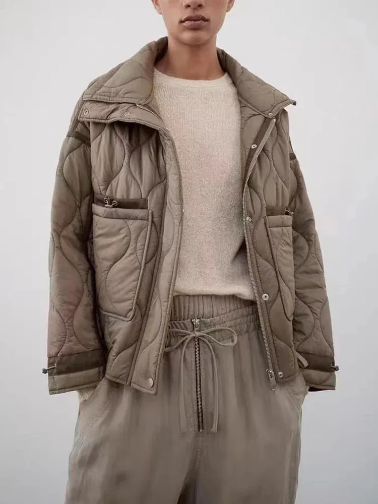 

Women's New Fashion Warm Cotton Jacket Fall and Winter Standing Collar Long Sleeve Front Zipper with Buttons Vintage Jacket