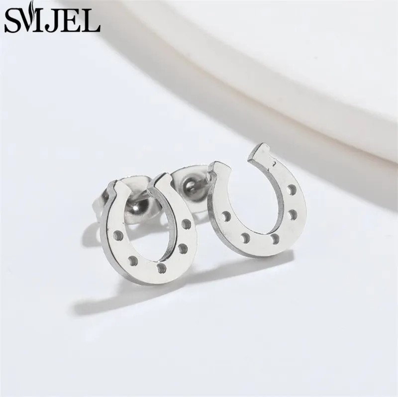 SMJEL Stainless Steel U Shape Stud Earrings Black Minimalist Horse Shoe Earing for Women Men Punk Jewelry boucle d\'oreille femme