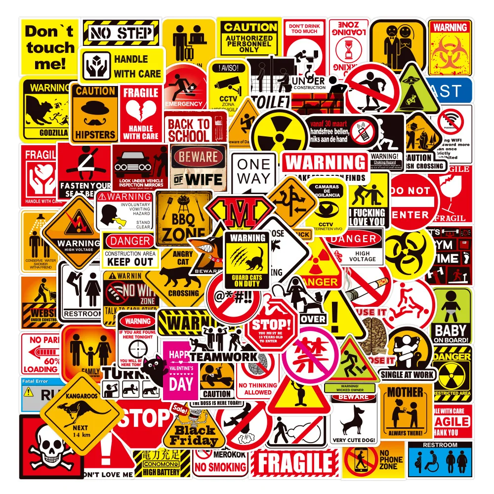 100Pcs Funny Prohibition Sign Stickers Vinyl  Warning DIY Stickers Scrapbooking Phone Luggage Skateboard Waterproof Decals